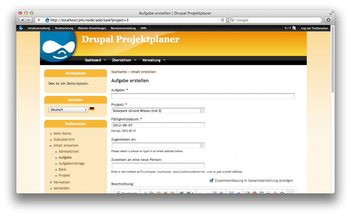 Anlegen einer Aufgabe